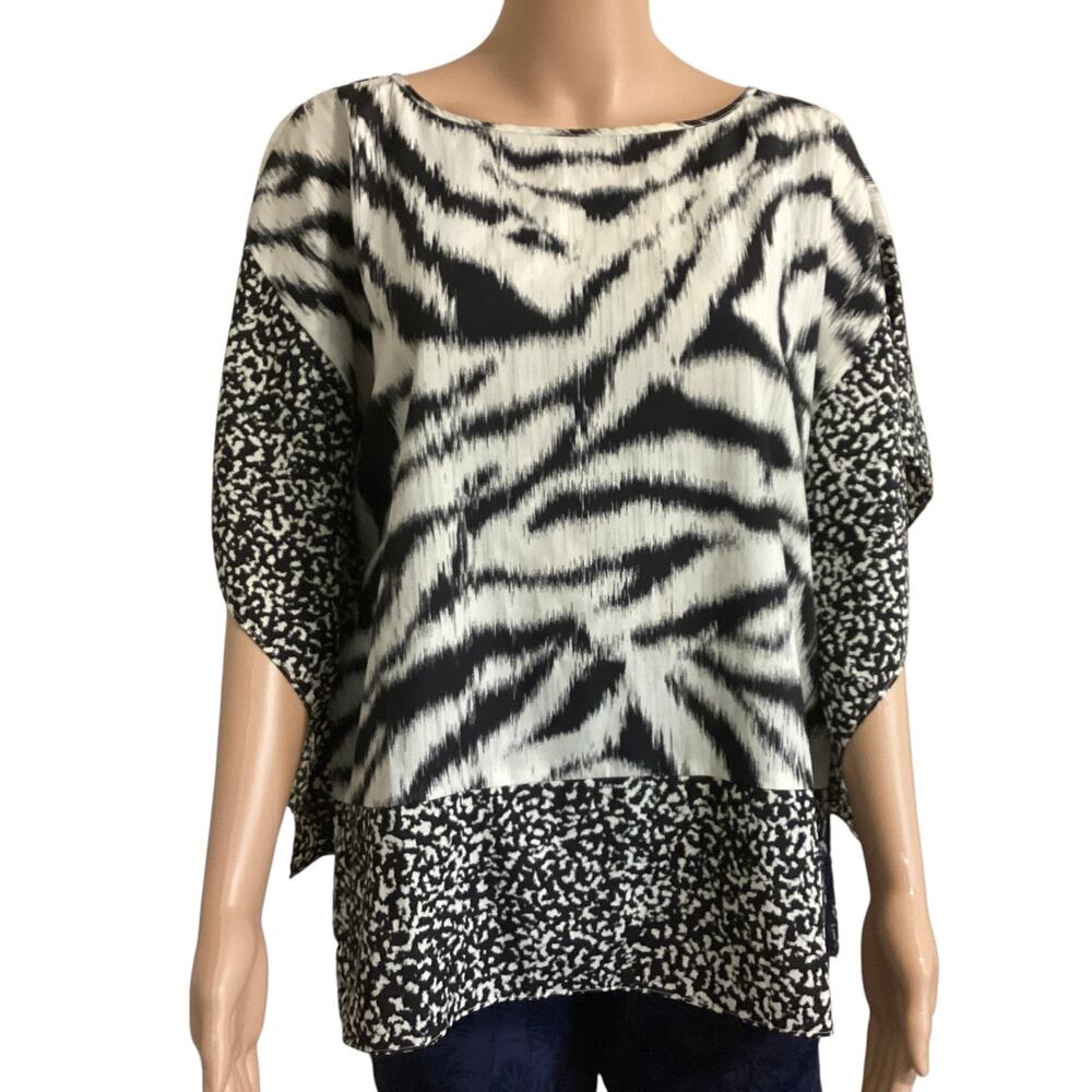 Michael Michael Kors Zebra Mixed Media Top Blouse Black White Kimono Batwing S/M